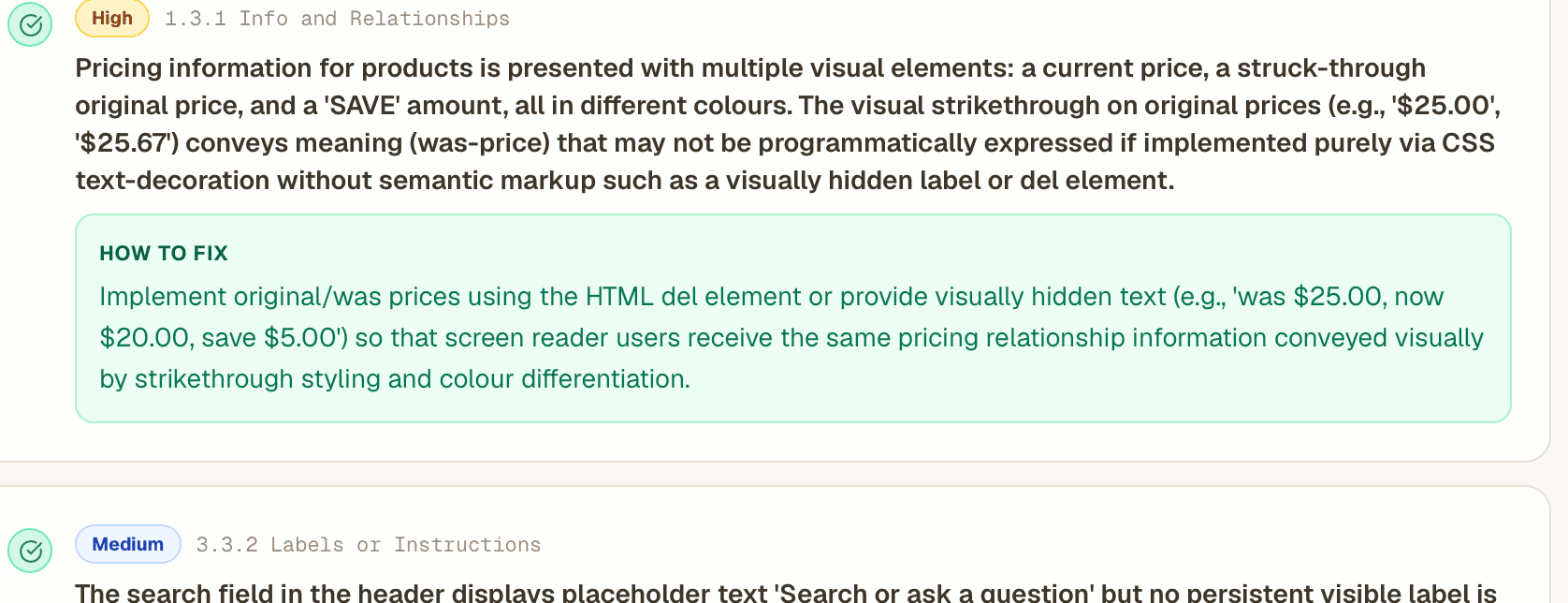 Scan finding flagged WCAG 1.3.1: strikethrough sale prices are not conveyed to screen-reader users, shown with a recommended code fix.